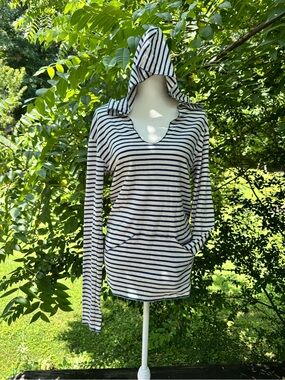 Spiritex Organic Cotton Striped Hoodie Pullover Top Navy Ivory Size Large